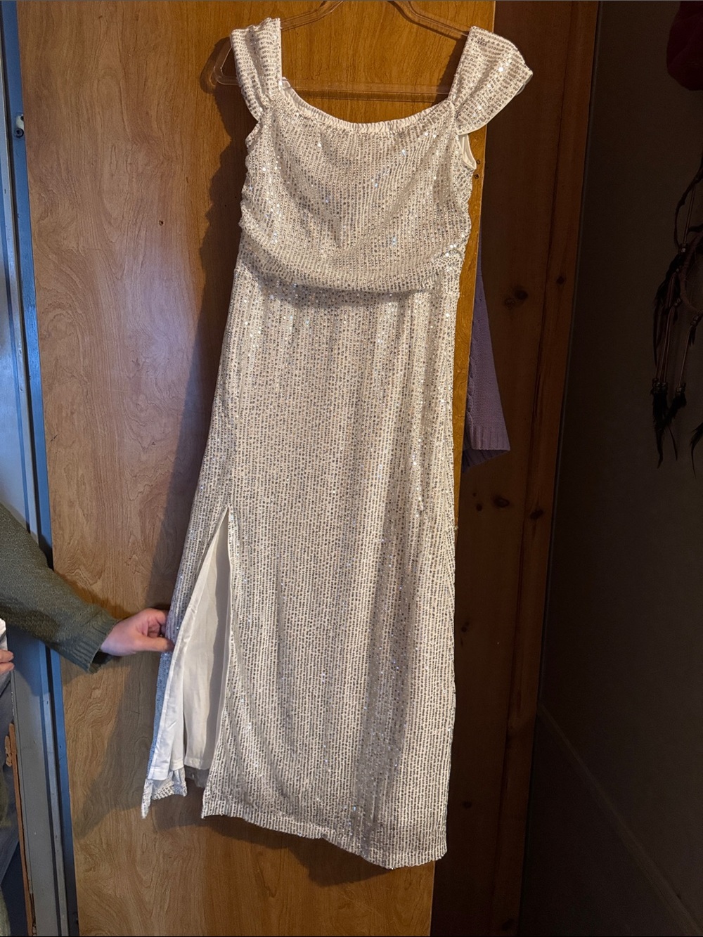 Women's Ivory Sequin Evening Dress with Side Slit